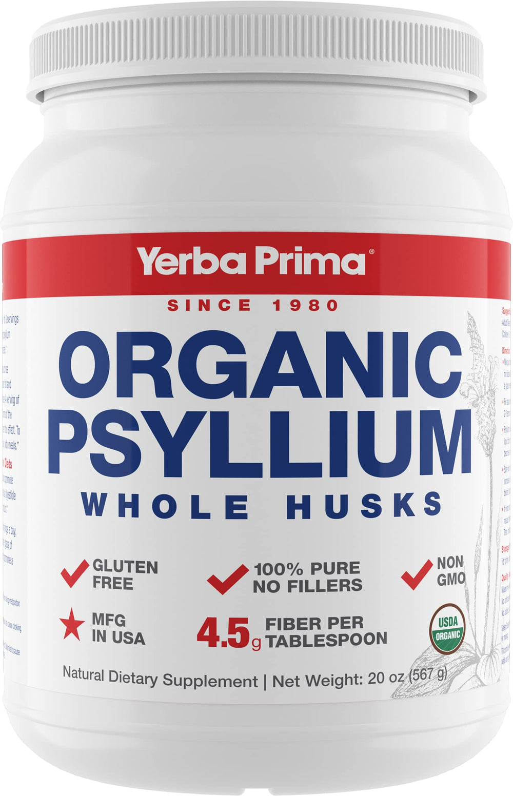 Yerba Prima frente del empaque 20 oz mostrando diseño y beneficio de fibra