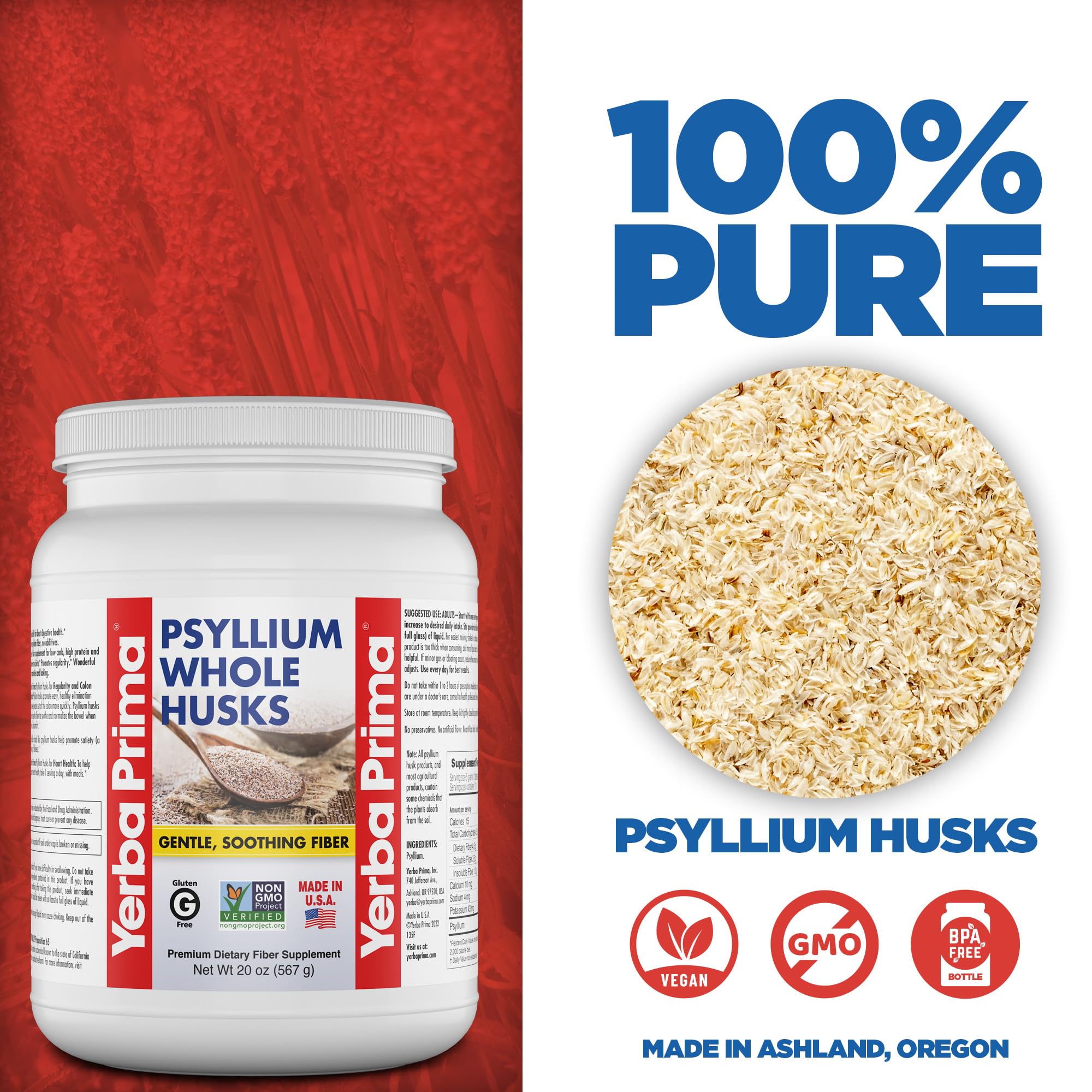 Detalle de cáscaras de psyllium Yerba Prima en primer plano que muestra textura y pureza