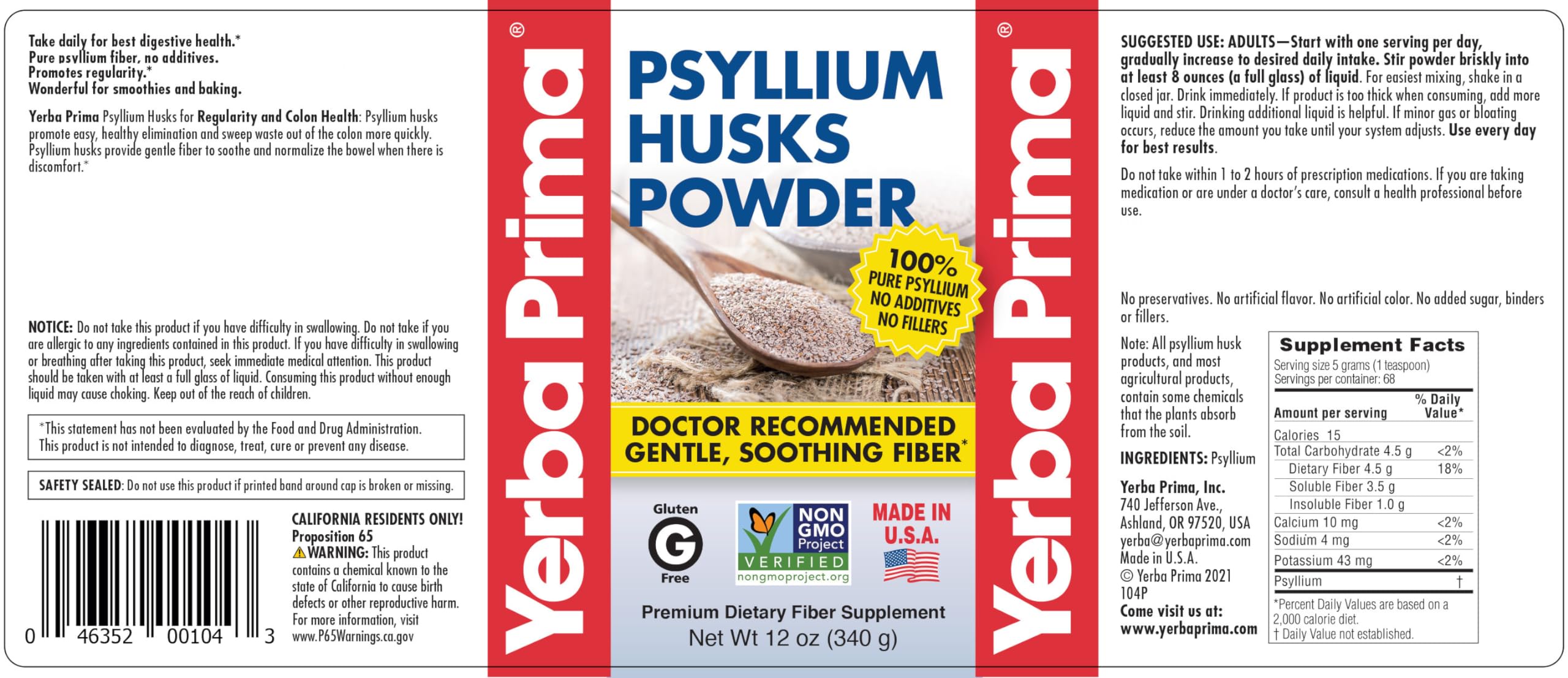 Yerba Prima textura del polvo de psyllium, fina para mezclar fácilmente