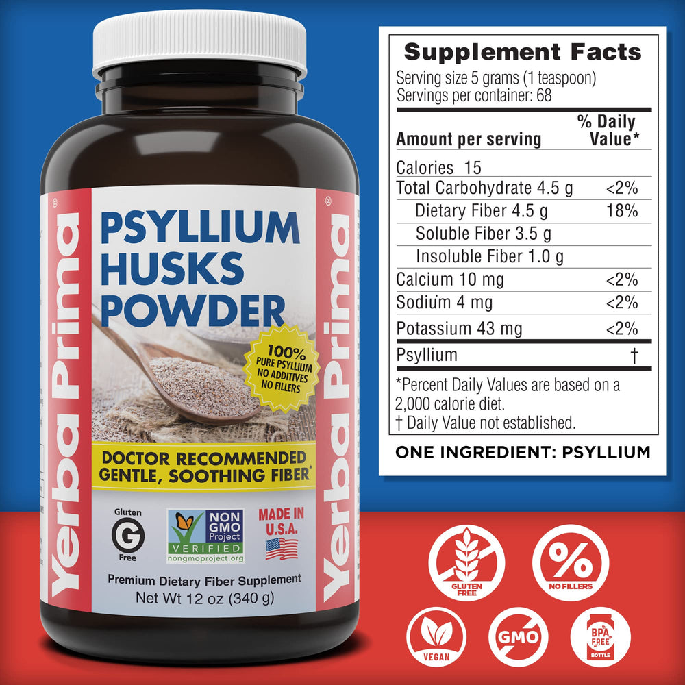 Yerba Prima polvo de psyllium integrado en batido, añade fibra sin sabor fuerte