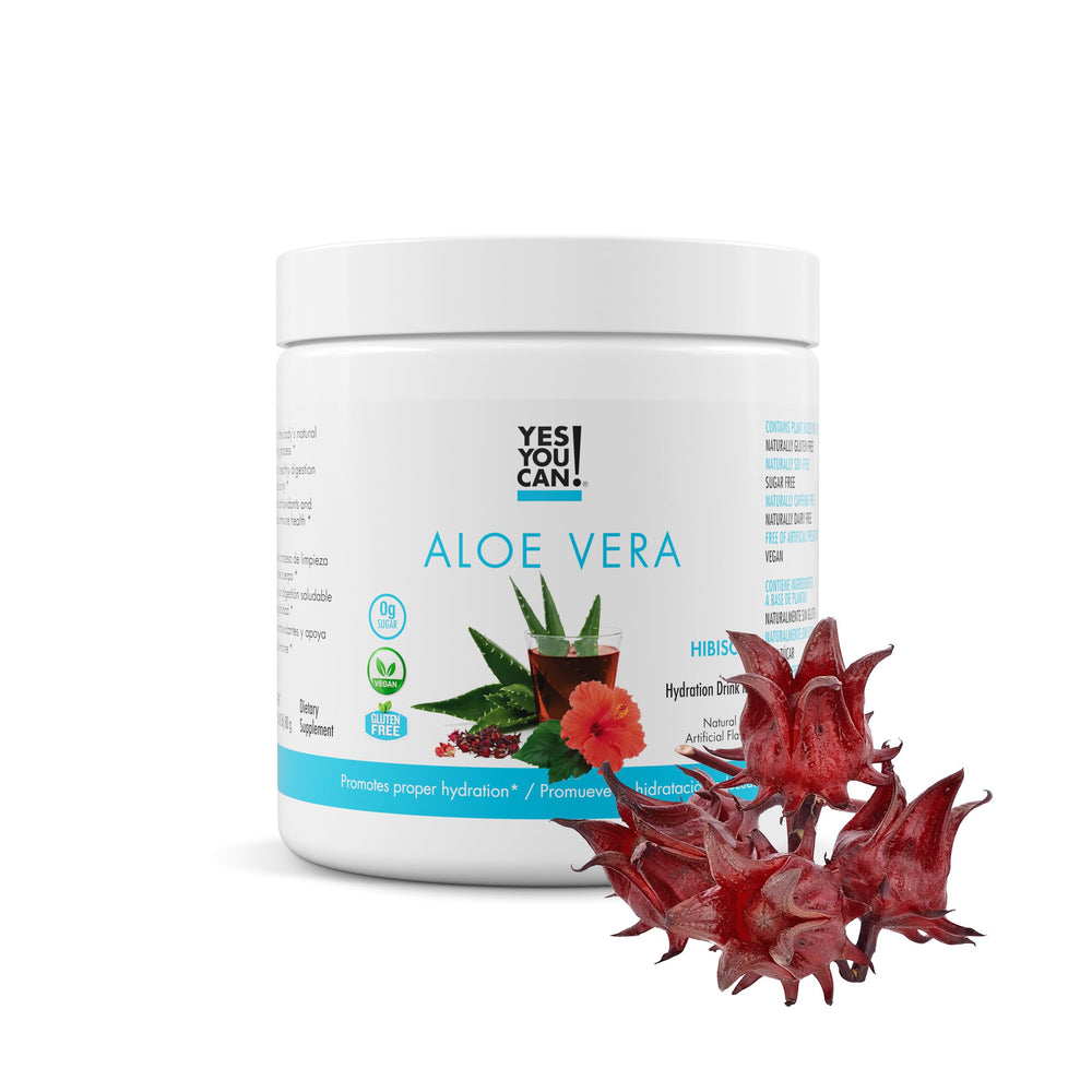 Yes You Can! envase frontal mostrando la mezcla aloe hibiscus y ventaja refrescante