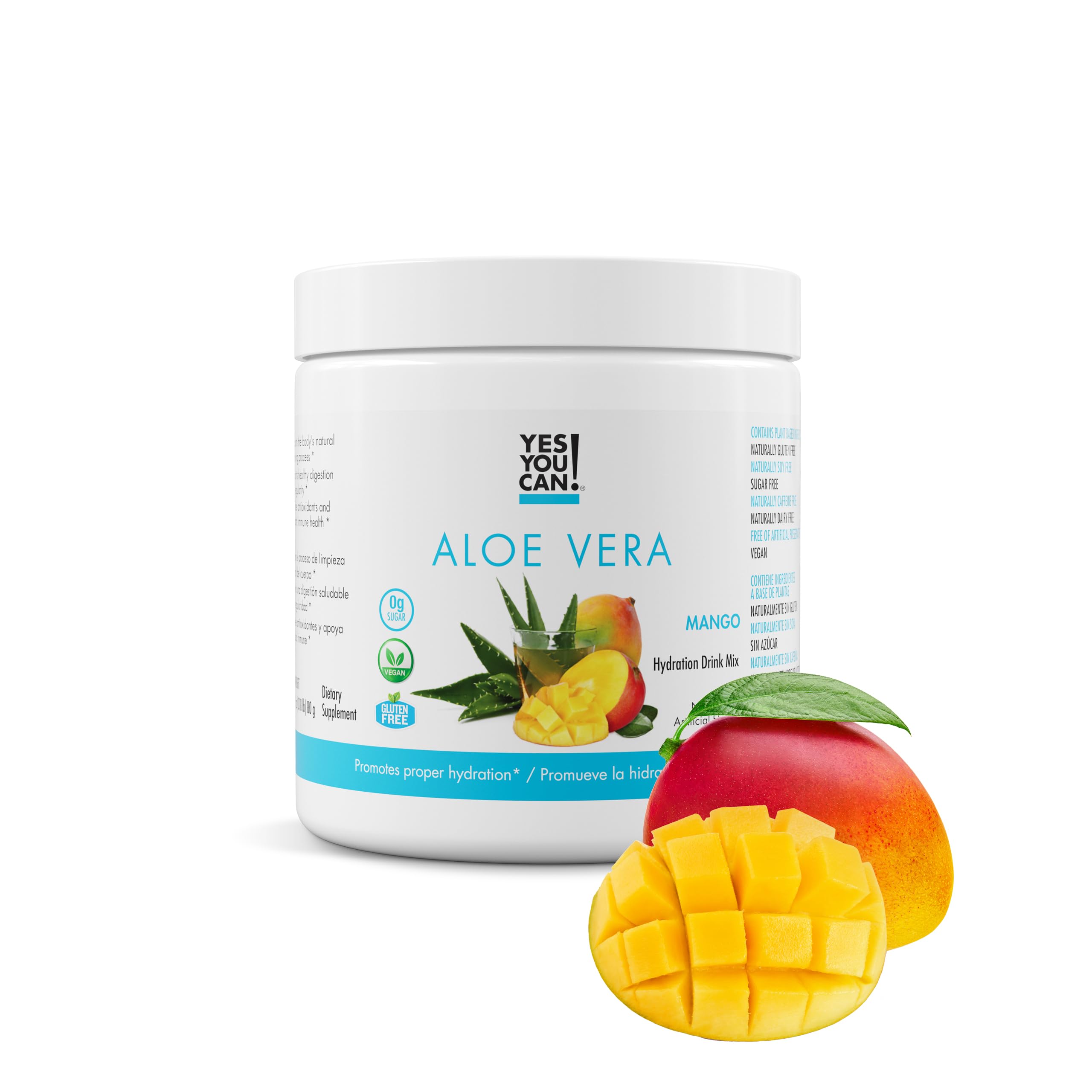 Yes You Can! frontal del empaque mostrando mango y aloe, presentación clara