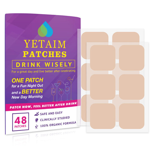 YETAIM empaque frontal mostrando paquete de 48 parches y conveniencia