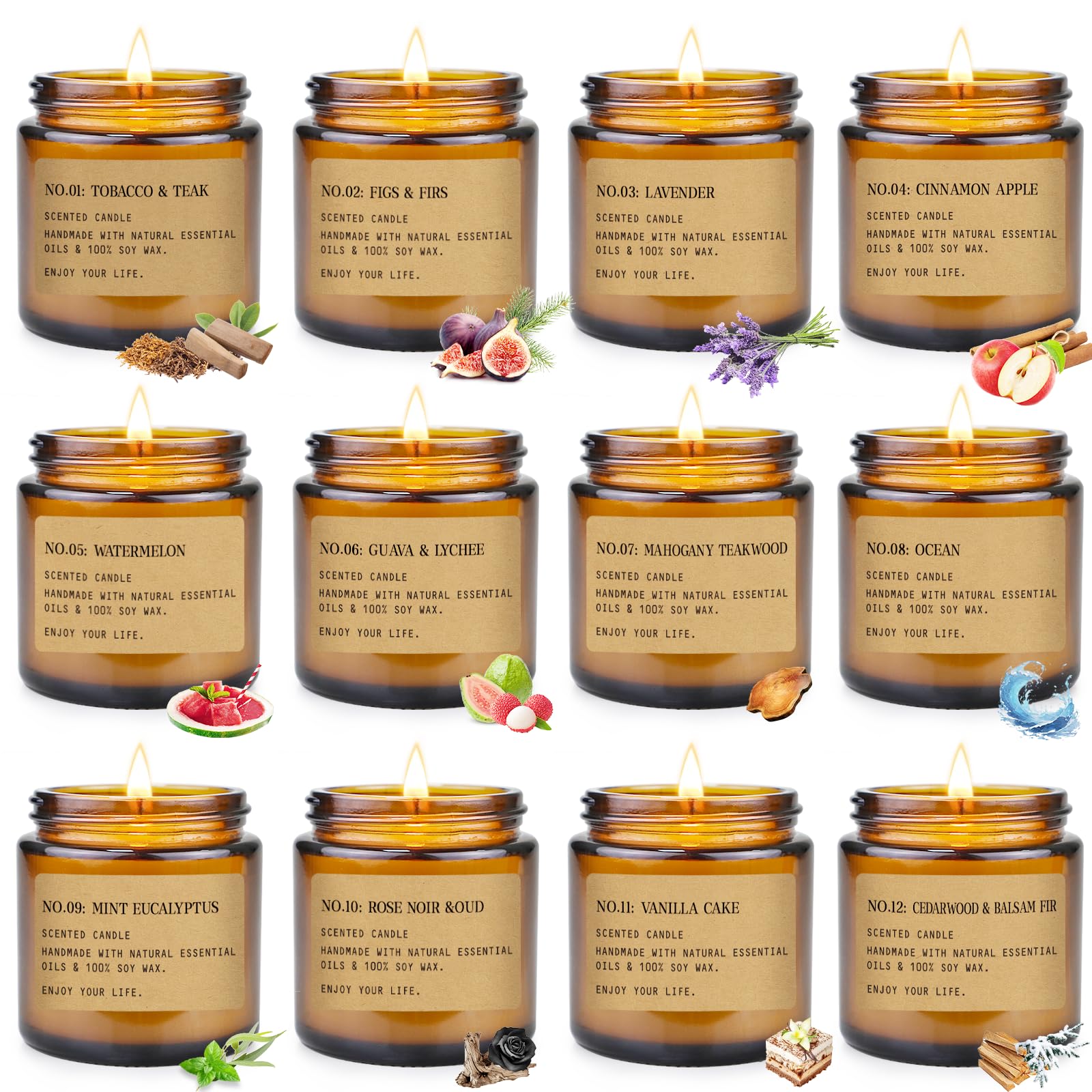 YINUO LIGHT conjunto 12 velas en tarros ámbar para decoración elegante
