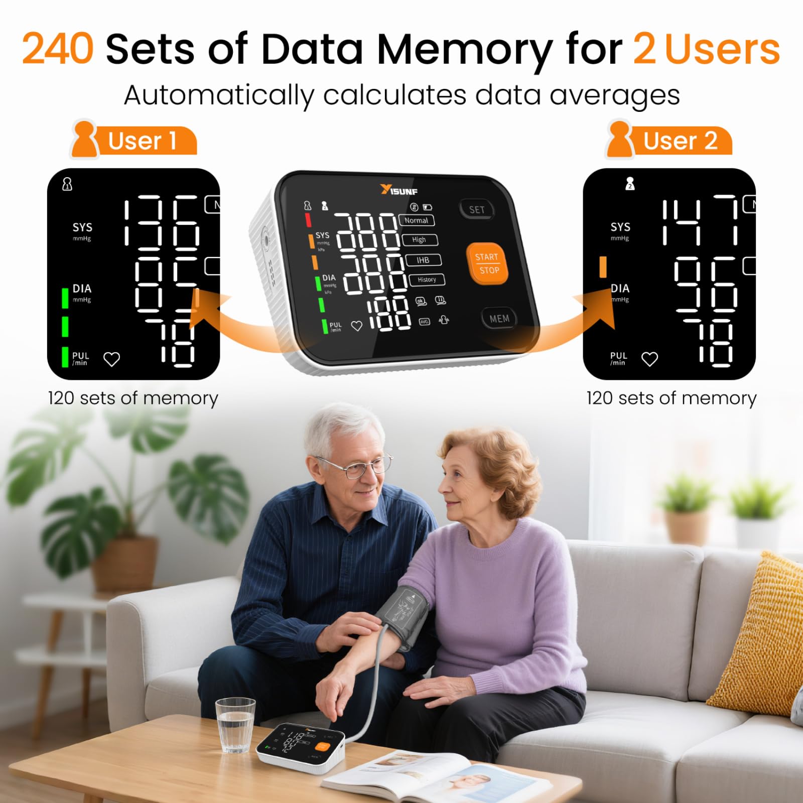 Yisunf monitor en uso colocado en el brazo mostrando medición automática y cómoda