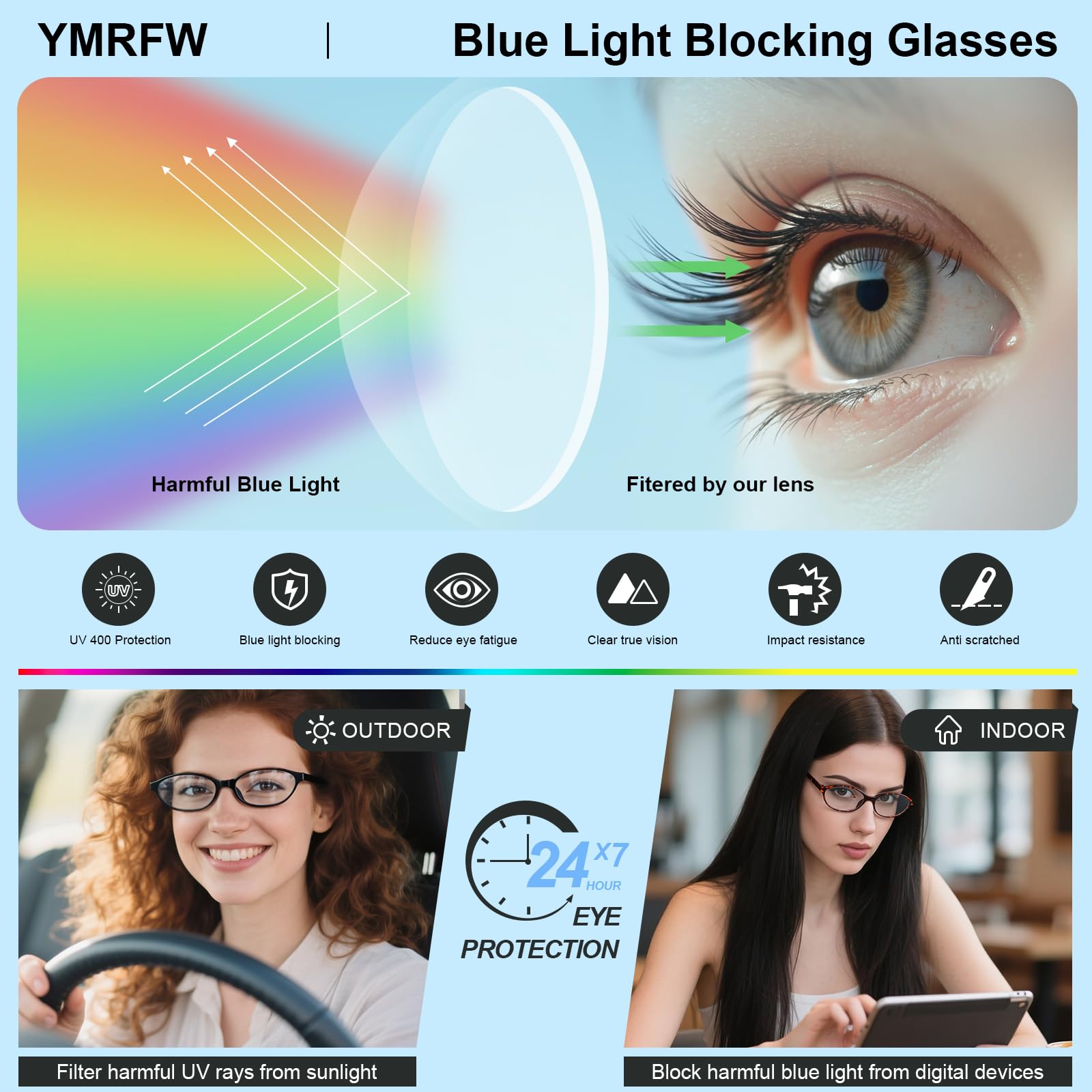 YMRFW gafas en look casual realzan estilo mientras bloquean luz azul