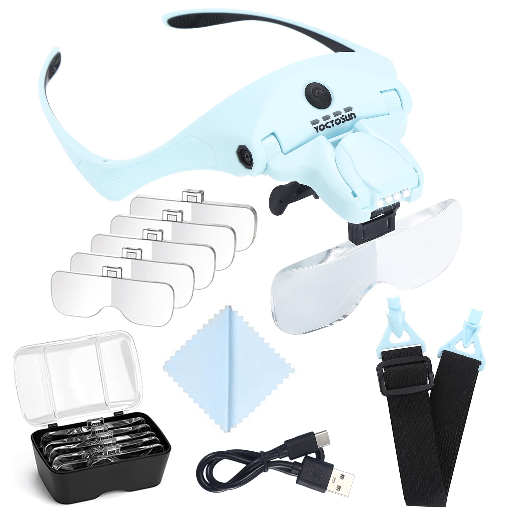 YOCTOSUN vista frontal del producto con cuatro LEDs y lentes intercambiables, claridad inmediata