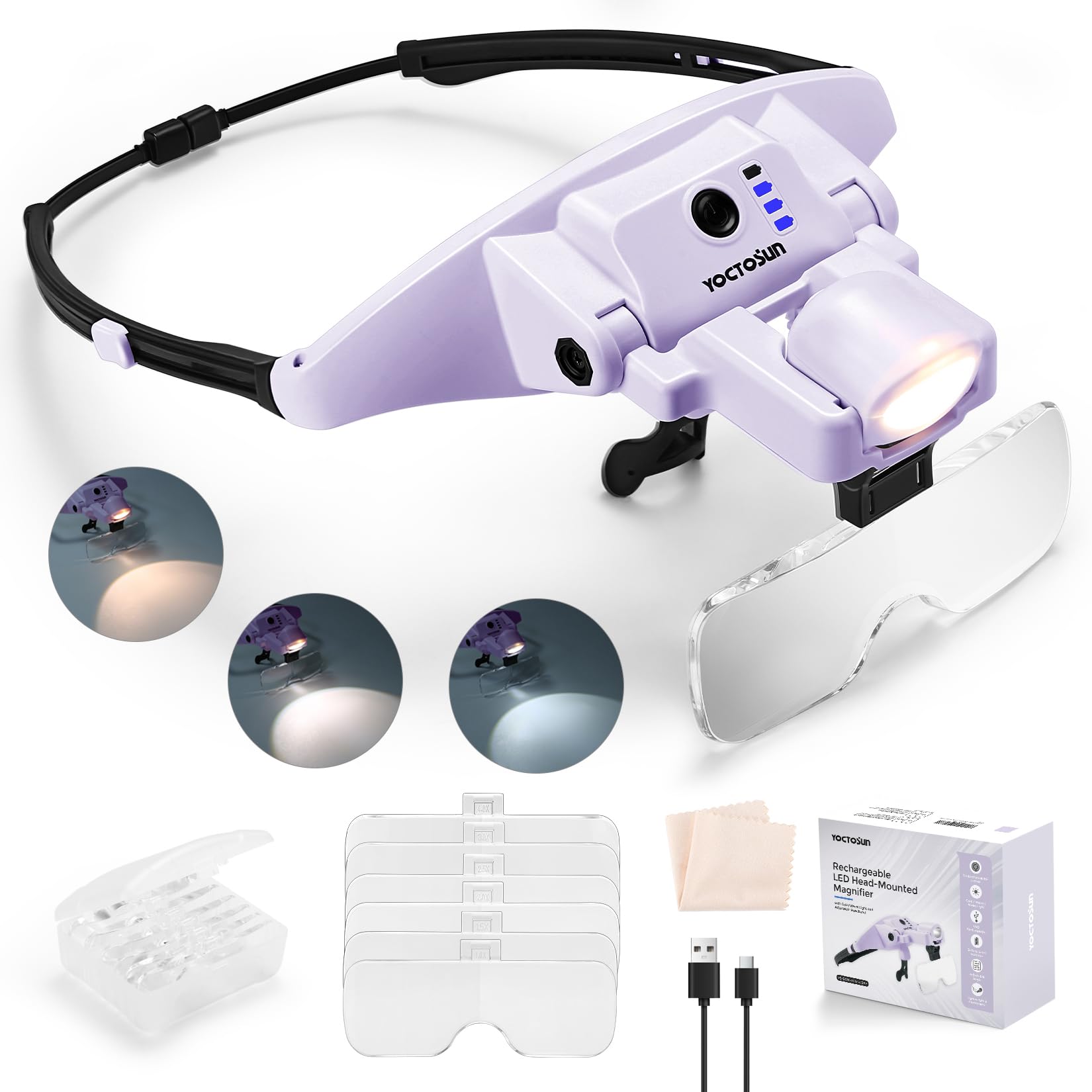 YOCTOSUN vista frontal del casco-lupa con luz para trabajo preciso