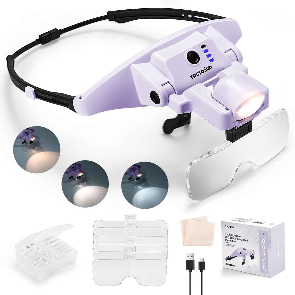 YOCTOSUN vista frontal del casco-lupa con luz para trabajo preciso