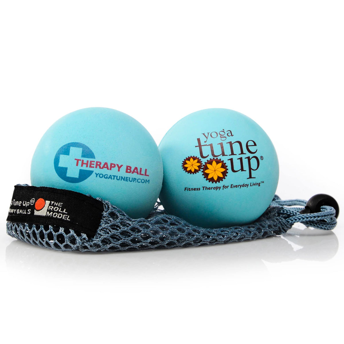 YOGA TUNE UP frontal del set en color aqua con tote, muestra portabilidad y beneficios