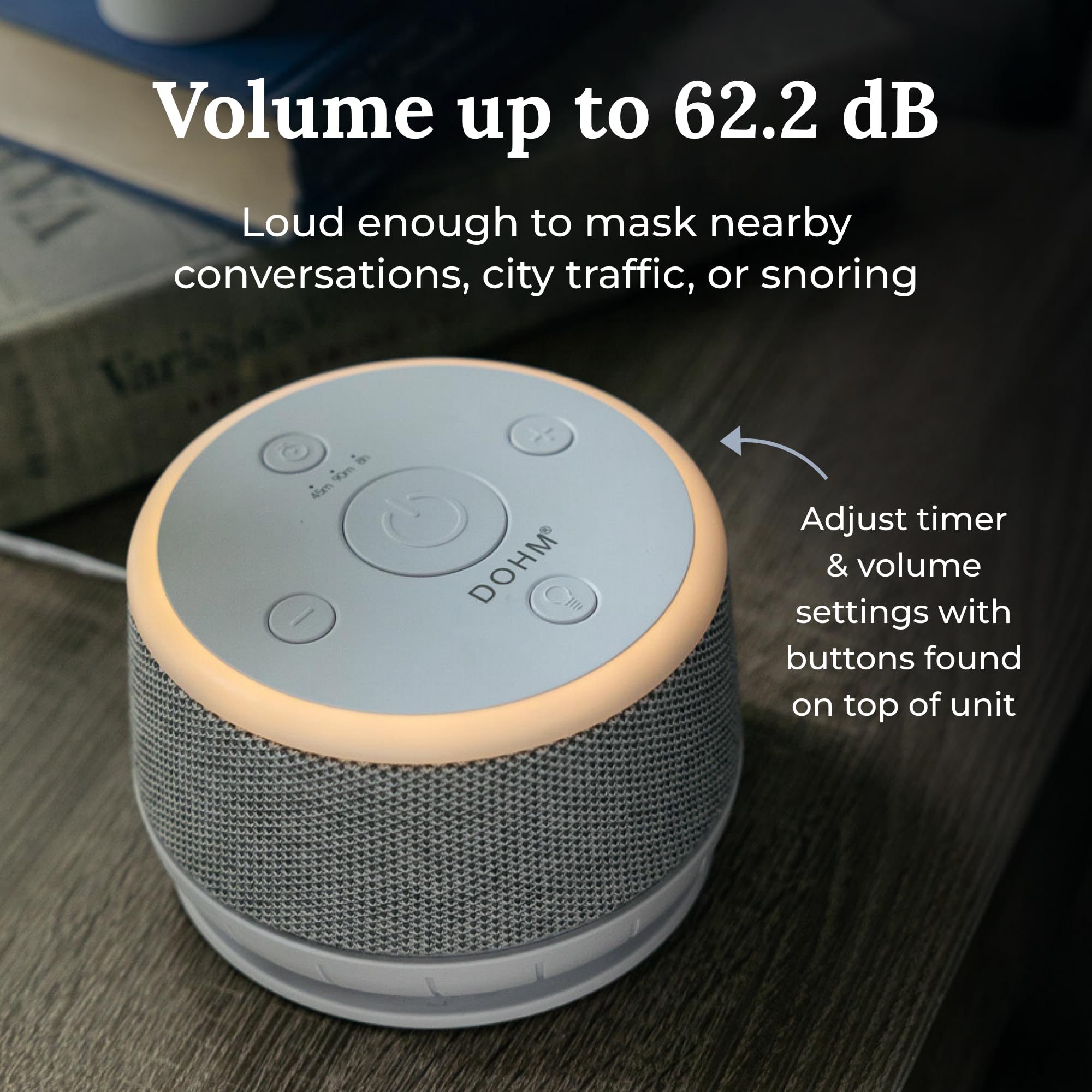 YOGASLEEP Dohm Nova primeros planos de botones de volumen y ajuste de tono