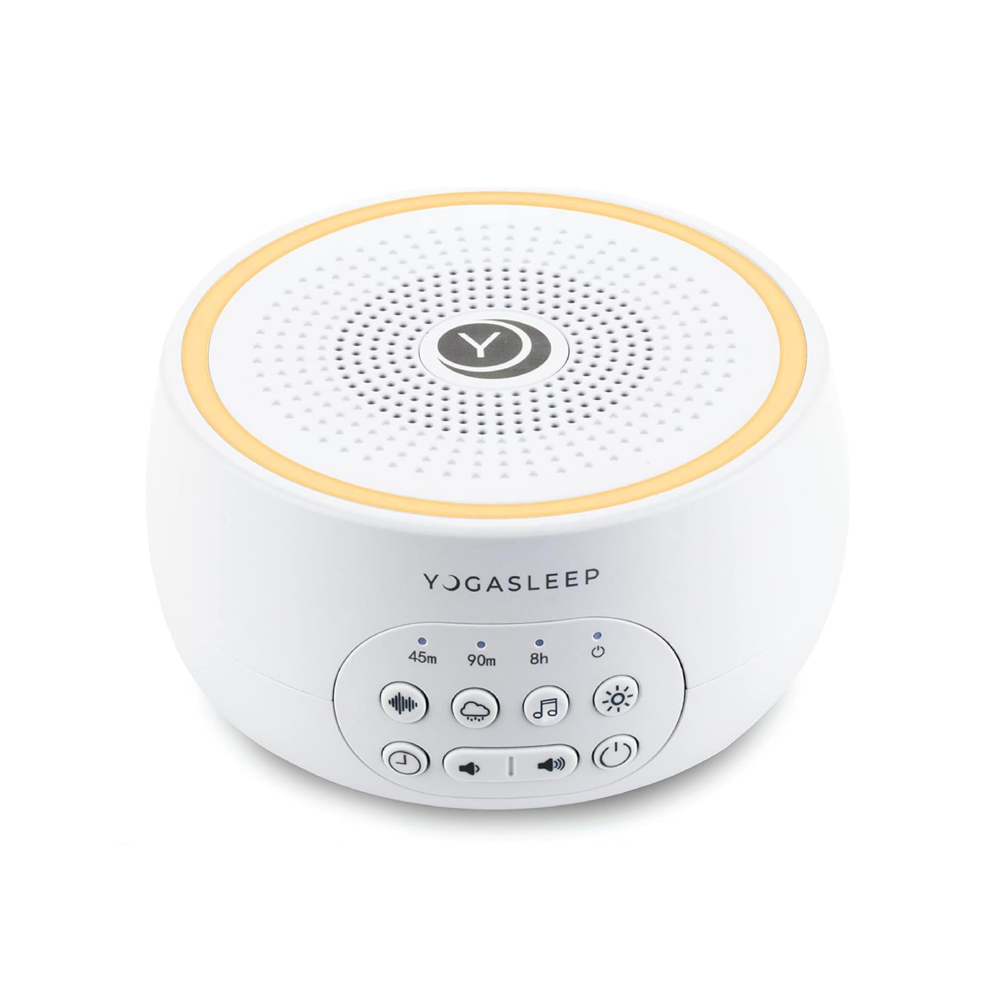 YOGASLEEP Dreamcenter frontal mostrando controles y beneficio de bloqueo de ruido