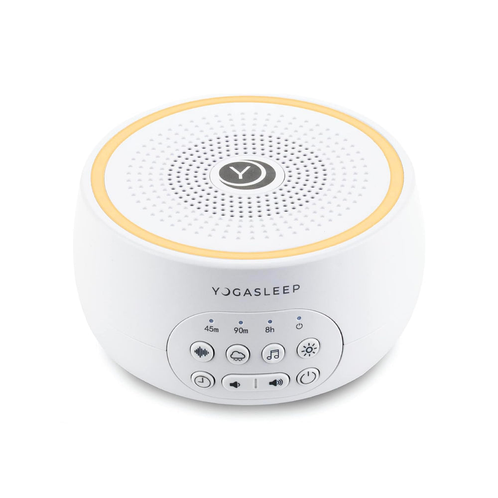 YOGASLEEP Dreamcenter frontal mostrando controles y beneficio de bloqueo de ruido