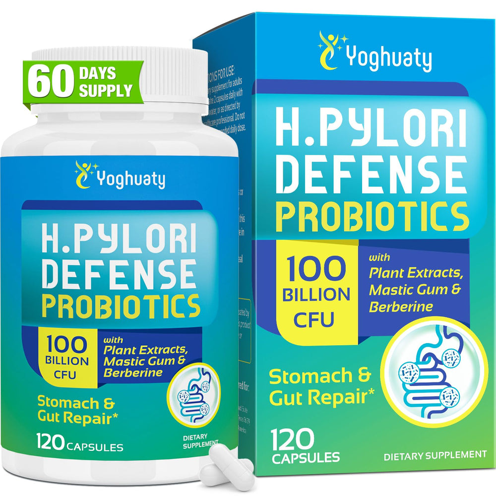 Yoghuaty frasco frontal H. Pylori Defense mostrando etiqueta clara y beneficio digestivo