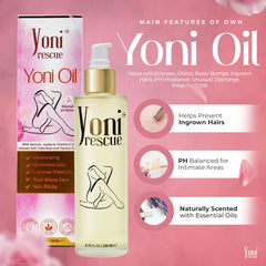 Yoni Rescue detalle de etiqueta con ingredientes como caléndula y manzanilla, transparencia