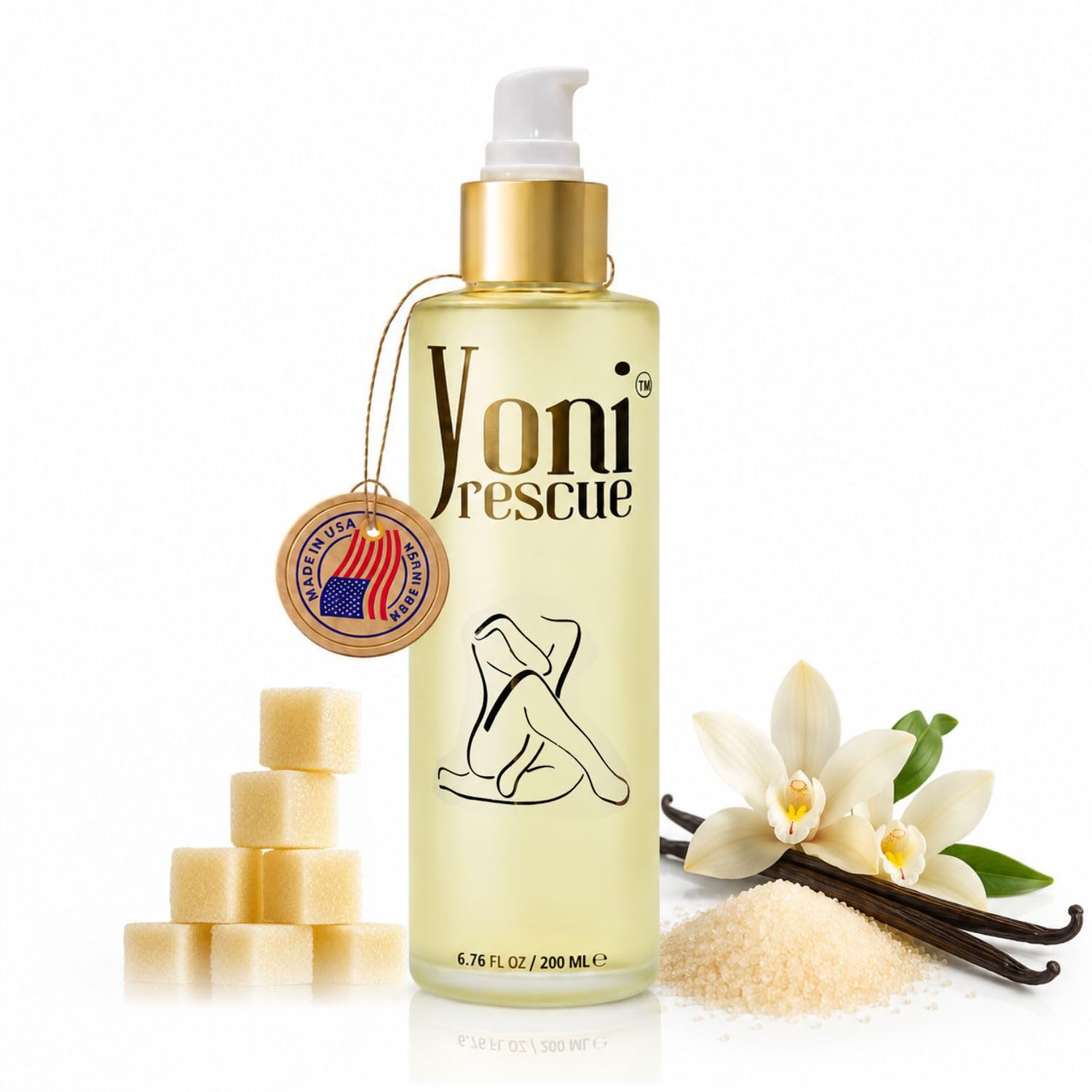 Yoni Rescue frente del empaque mostrando 200 ml y aroma vainilla, promete hidratación