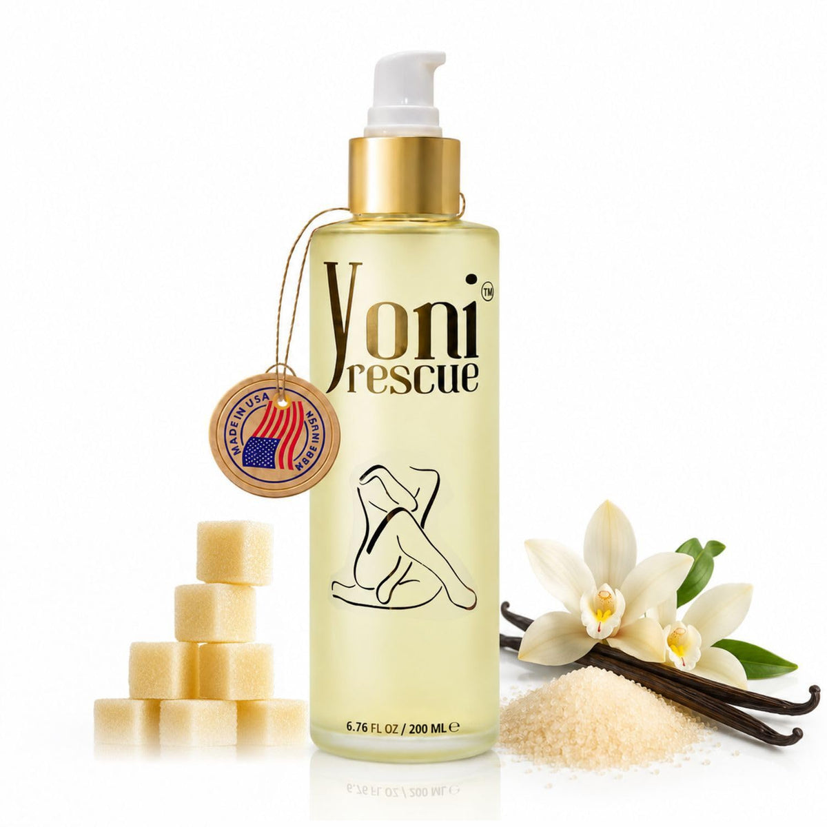 Yoni Rescue frente del empaque mostrando 200 ml y aroma vainilla, promete hidratación