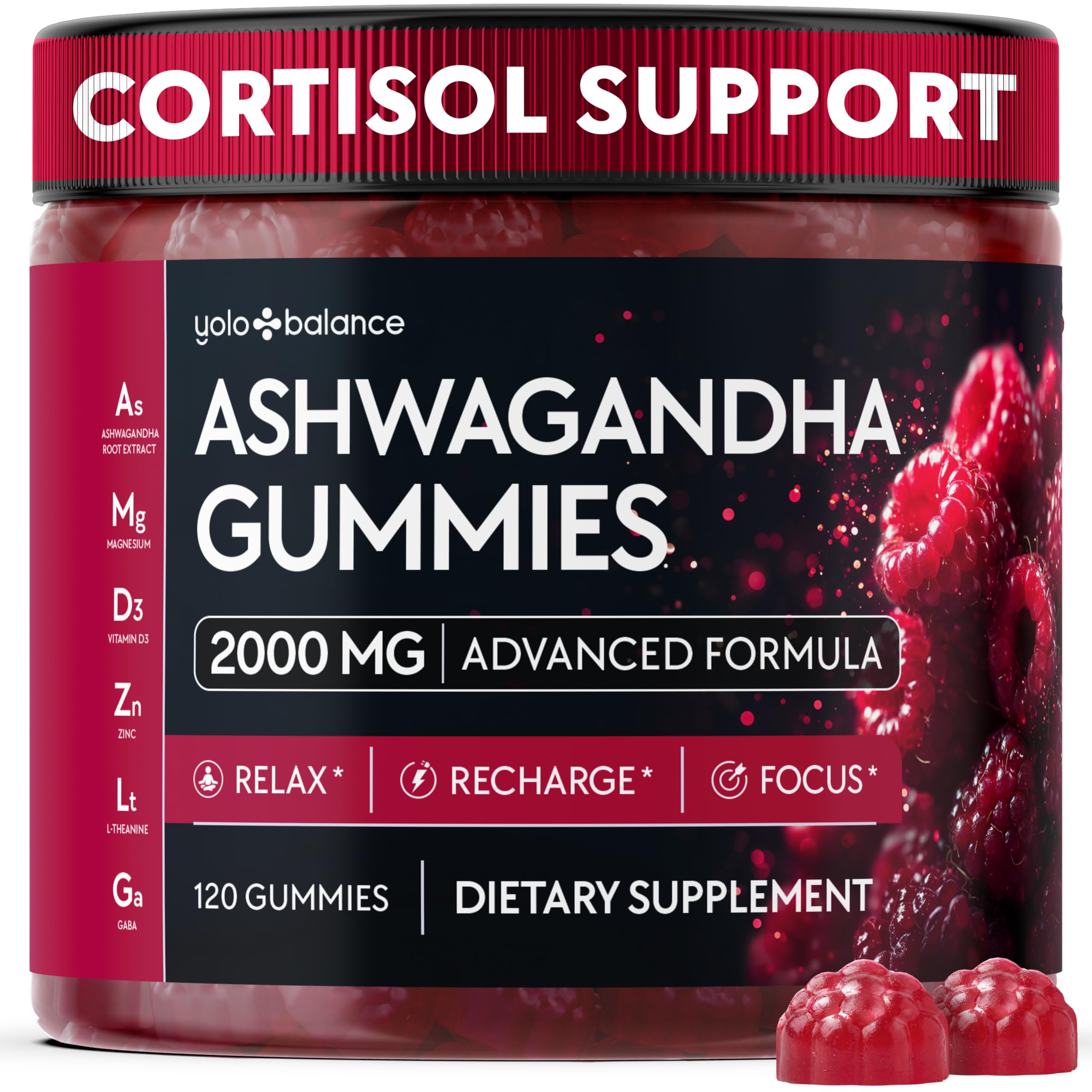 YOLOBALANCE envase frontal de gominolas de ashwagandha, ideal para un suplemento vegano