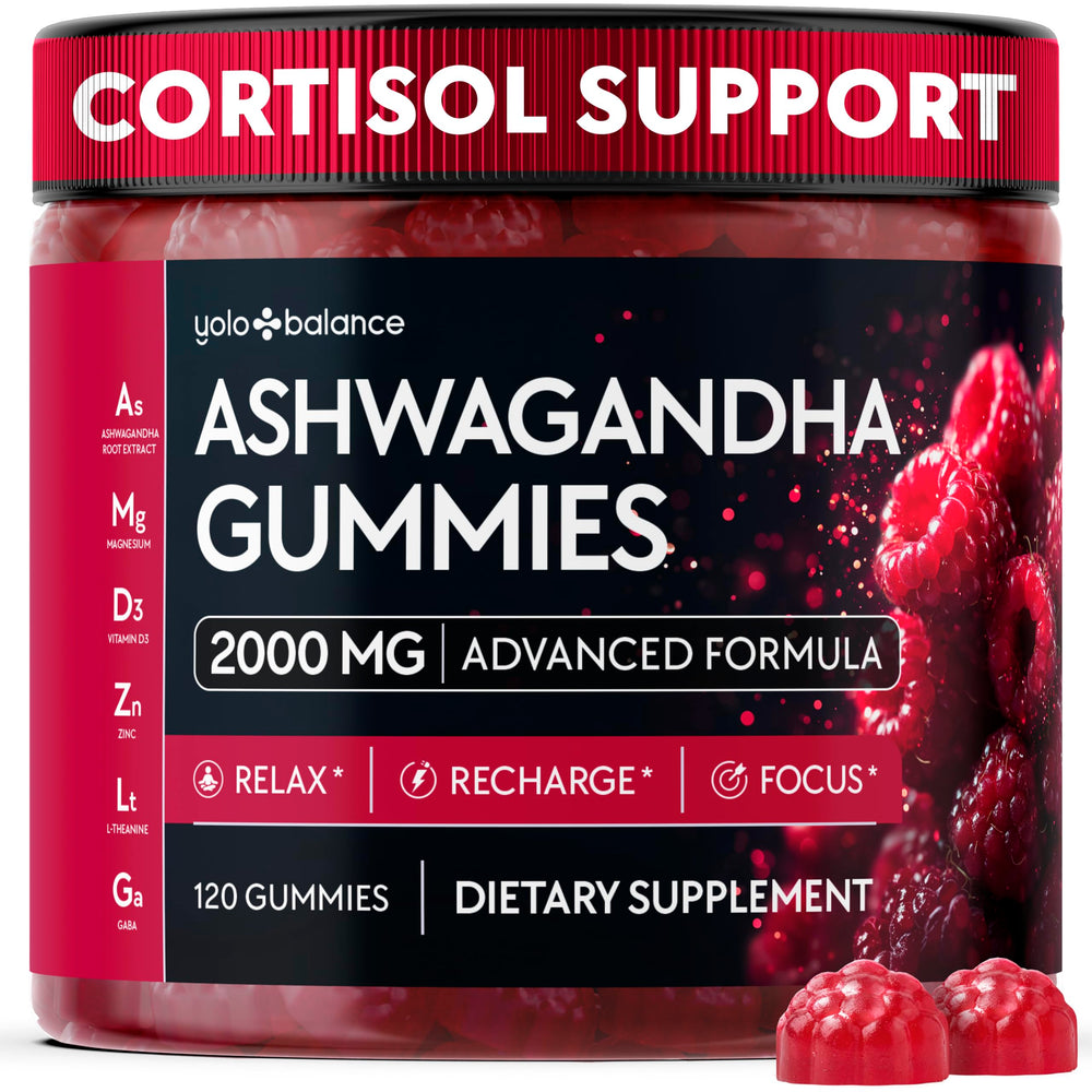 YOLOBALANCE envase frontal de gominolas de ashwagandha, ideal para un suplemento vegano