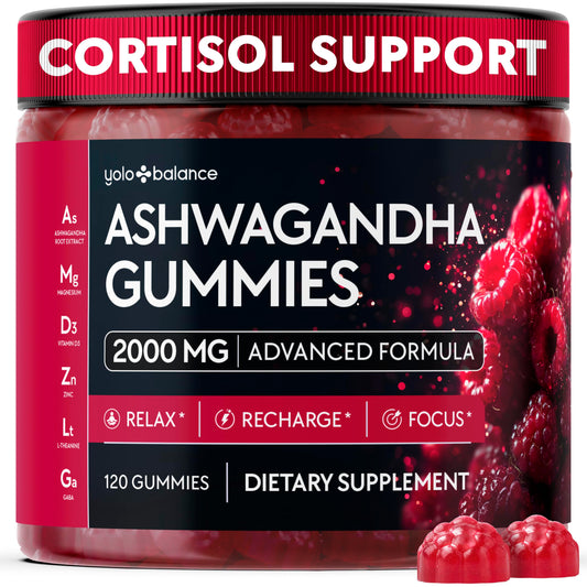 YOLOBALANCE envase frontal de gominolas de ashwagandha, ideal para un suplemento vegano