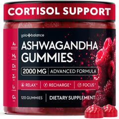 YOLOBALANCE envase frontal de gominolas de ashwagandha, ideal para un suplemento vegano