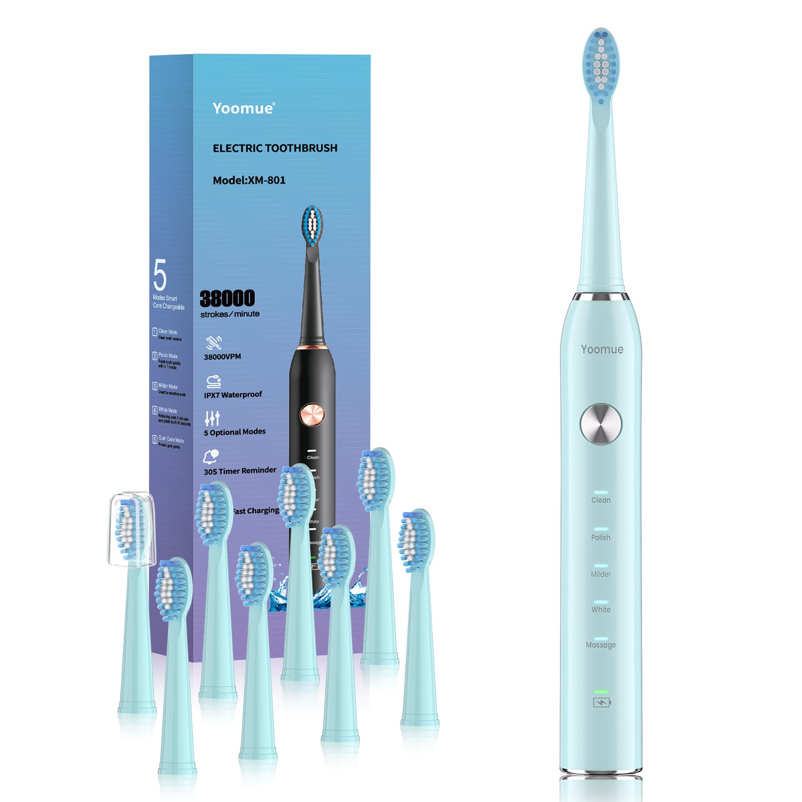 Yoomue frontal del cepillo azul mostrando diseño ergonómico y limpieza eficiente