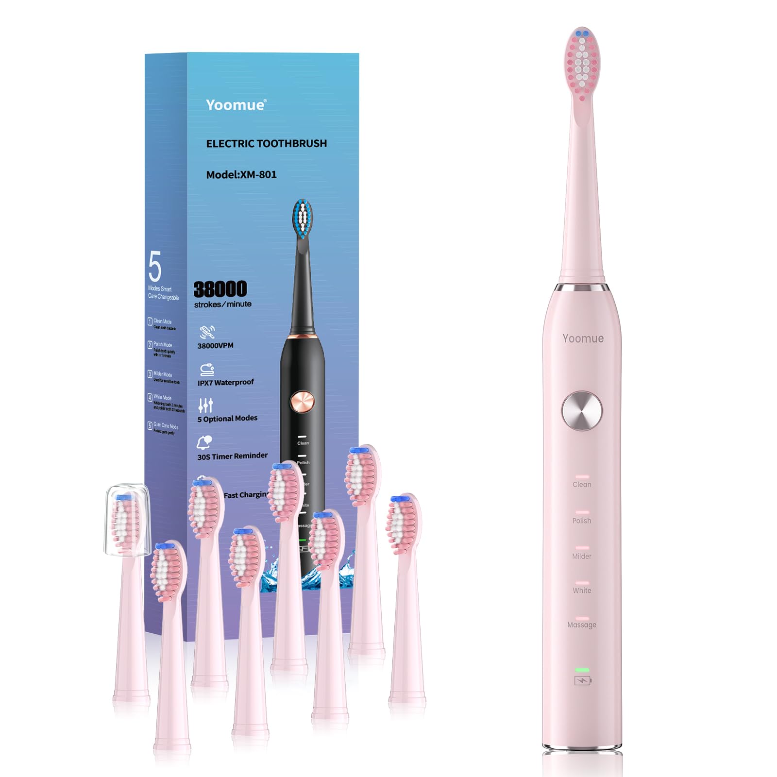 Yoomue vista frontal del cepillo rosa con diseño ergonómico y fácil agarre