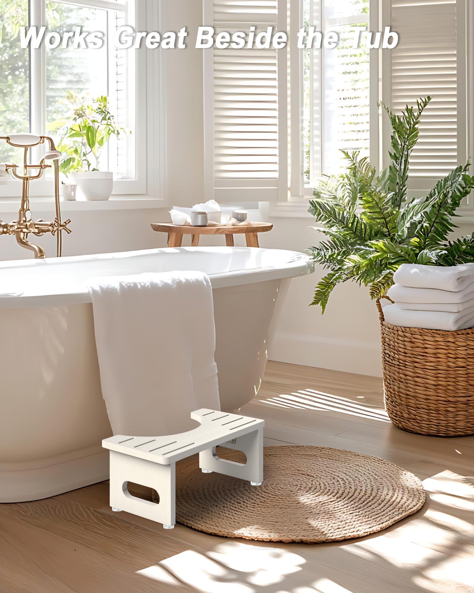 YOSE taburete en baño minimalista, complemento discreto y funcional