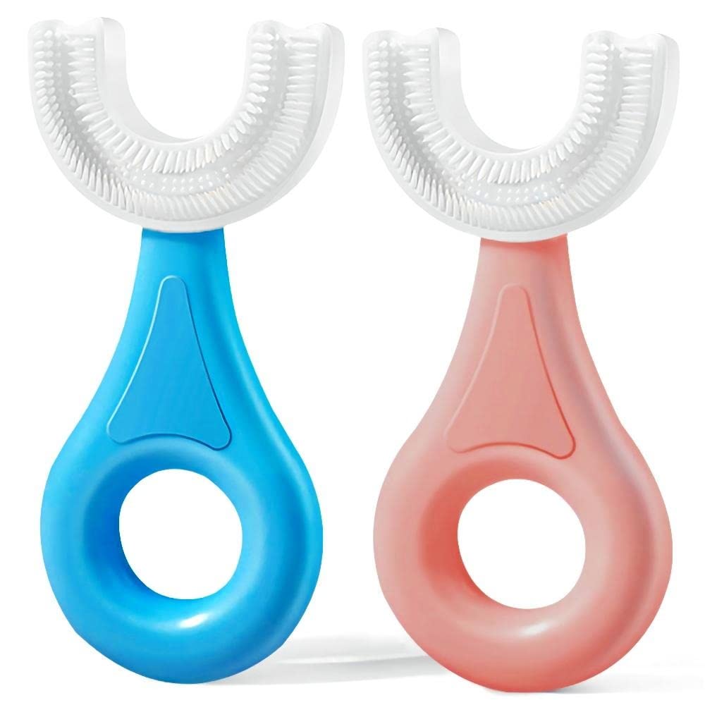 YOTEE vista frontal del cepillo en U que muestra colores azul y rosa, facilita aceptación infantil