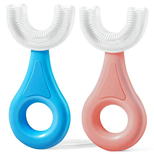 YOTEE vista frontal del cepillo en U que muestra colores azul y rosa, facilita aceptación infantil