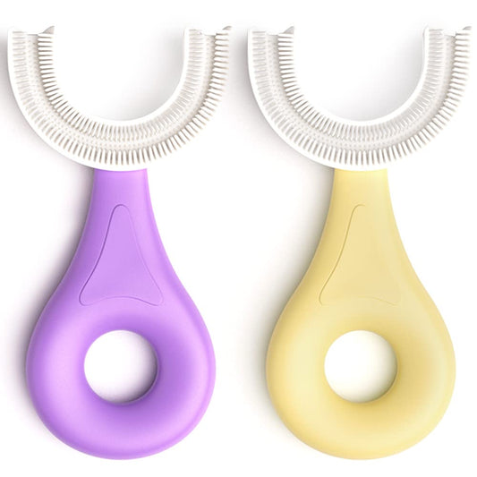 YOTEE vista frontal del cepillo morado y amarillo, diseño atractivo para niños