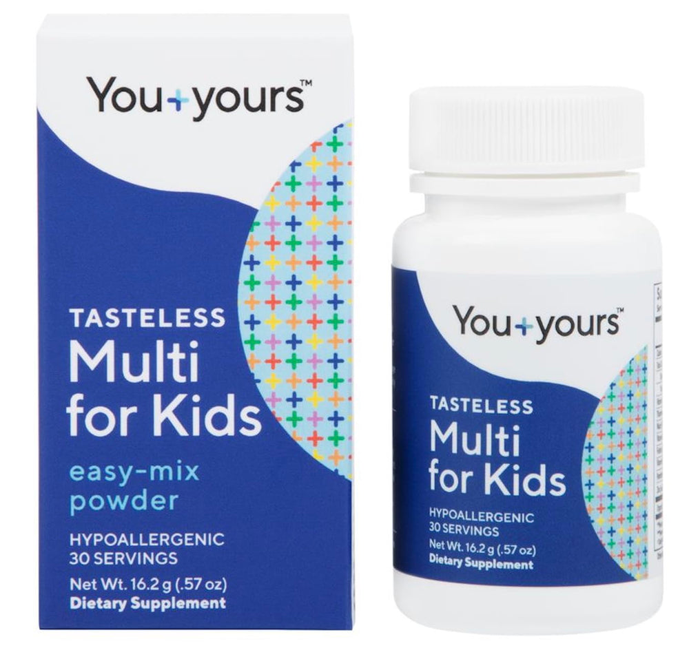 You+yours envase frontal del multivitamínico insípido mostrando simplicidad y seguridad