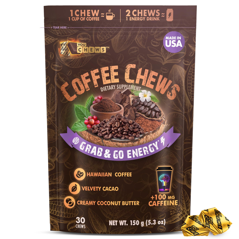 YouChews envase frontal mostrando el pack y beneficio de energía portátil
