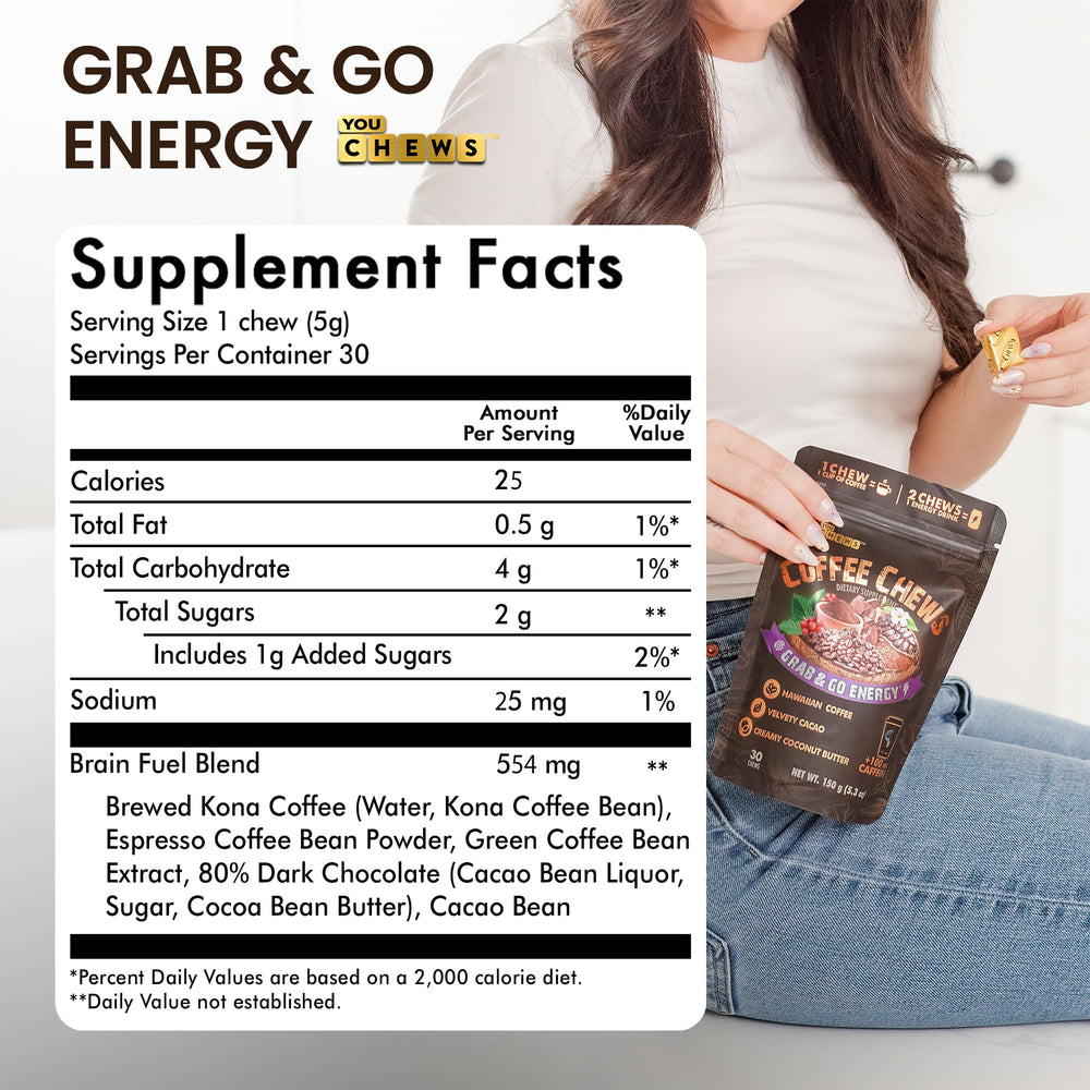 YouChews ingredientes reales: café Kona y cacao para sabor intenso