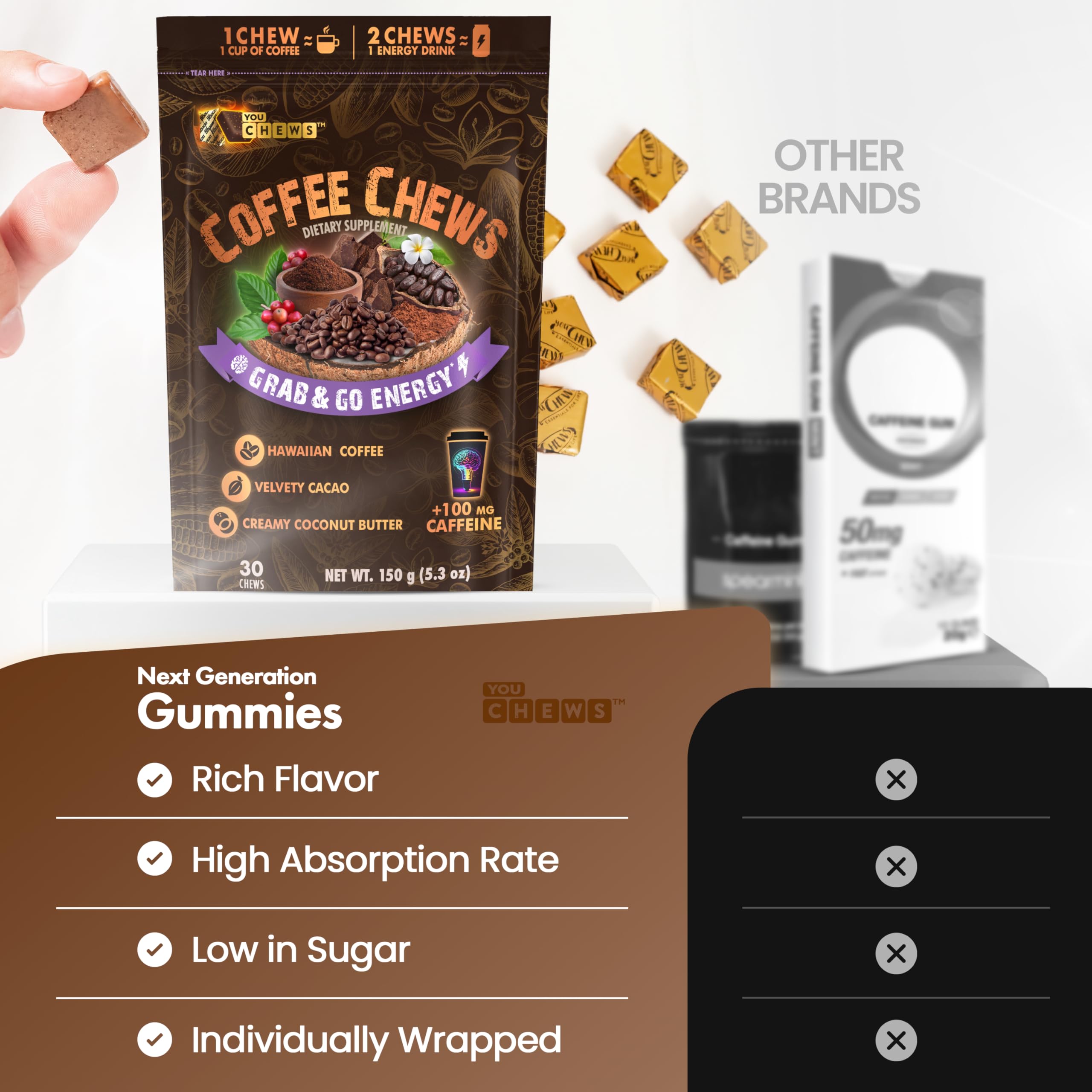 YouChews masticable partido mostrando interior, sabor intenso y natural