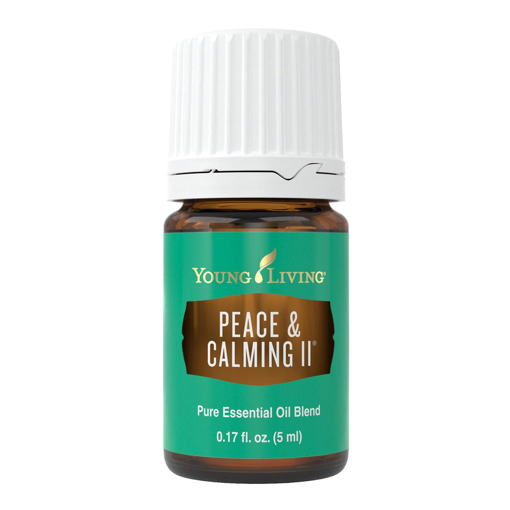 Young Living frasco frontal mostrando Peace & Calming II, fácil transporte