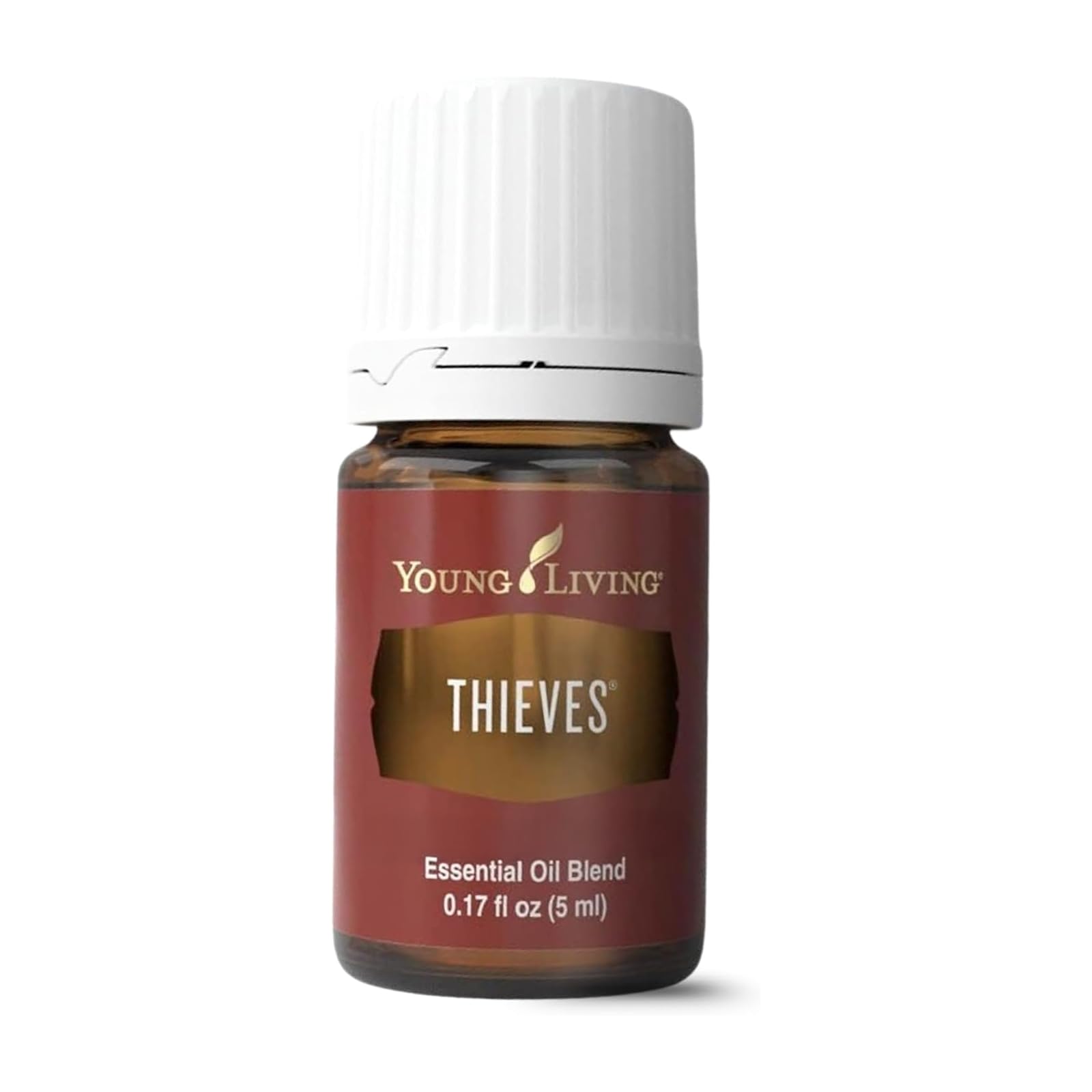 Young Living botella Thieves 5ml vista frontal con fondo neutro y beneficio de portabilidad