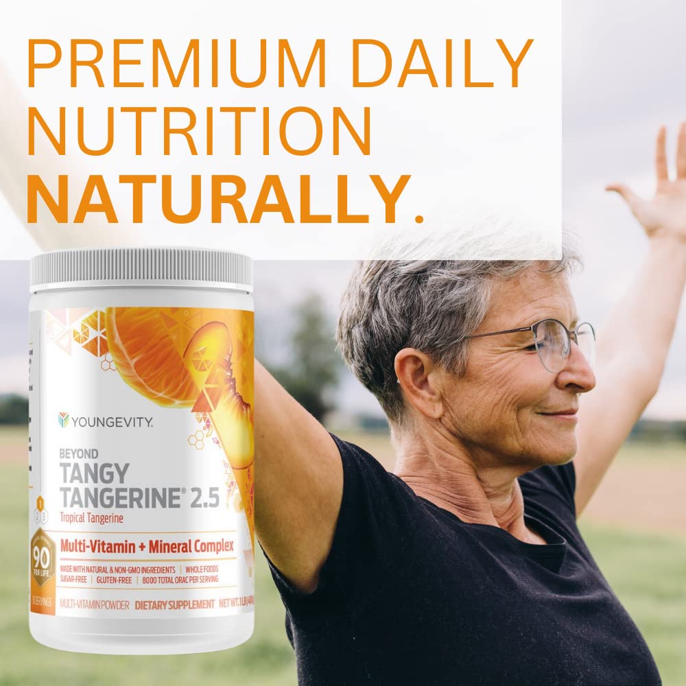 Youngevity vaso con bebida mandarina preparada, conveniente para consumo diario