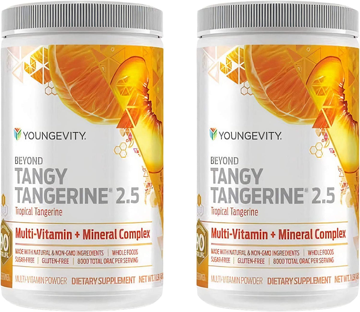 Youngevity envase frontal mostrando marca y sabor mandarina, fácil identificación
