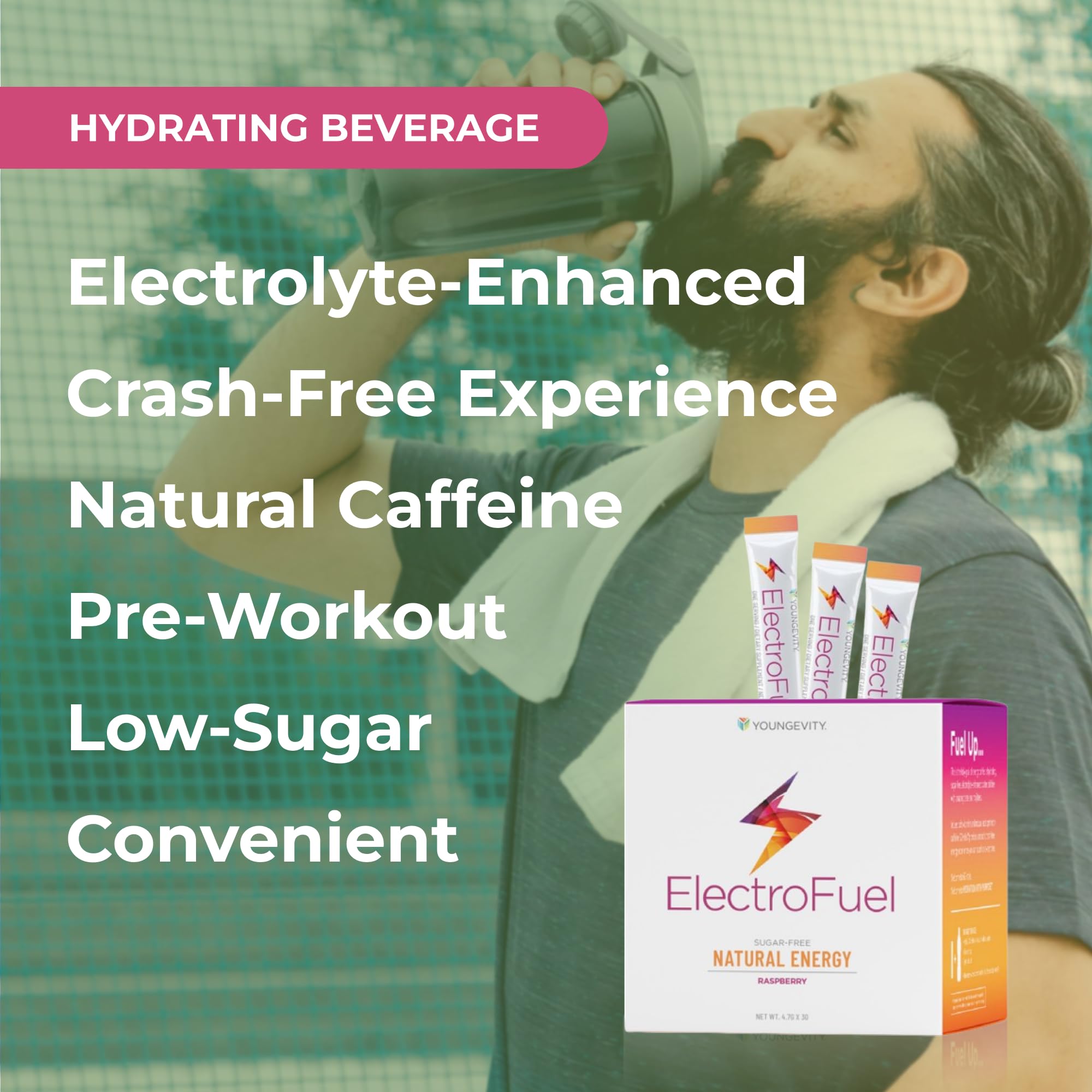 Botella con Youngevity ElectroFuel mezclado, hidratación instantánea