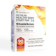 Youngevity frente del paquete que muestra conveniencia y portabilidad