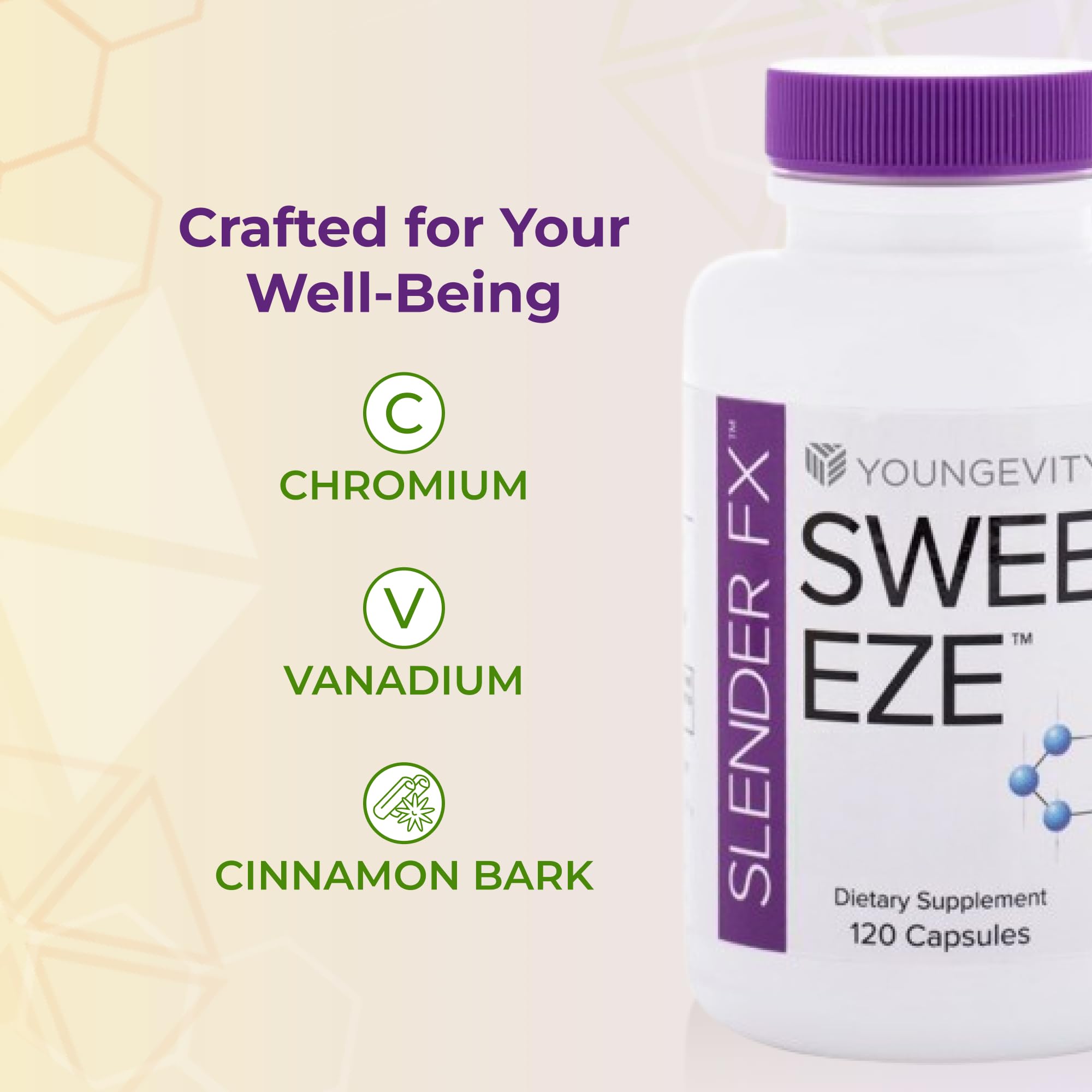 Youngevity Sweet Eze etiqueta nutricional legible con ingredientes claves