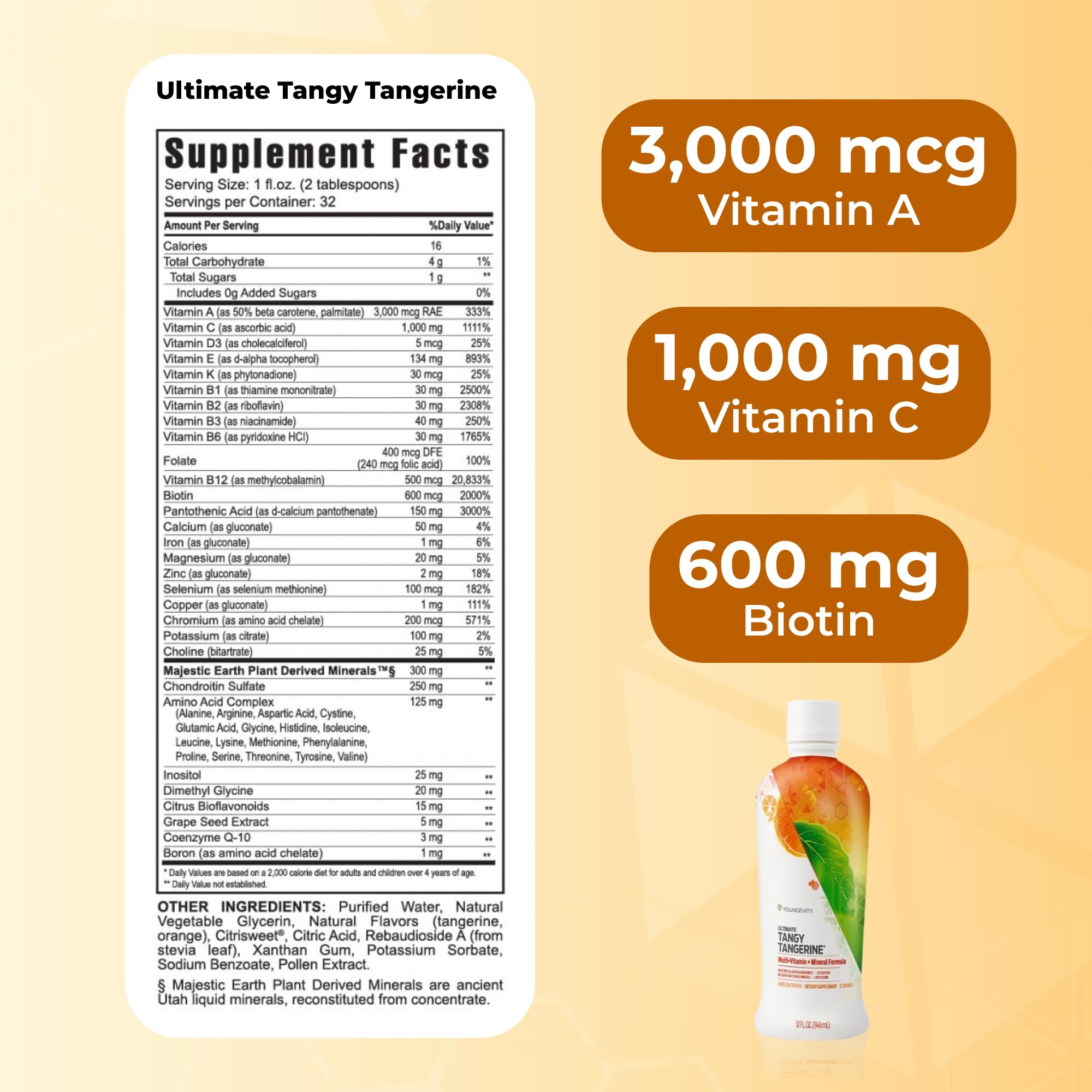 Youngevity líquido naranja en vaso que demuestra mezcla y sabor mandarina