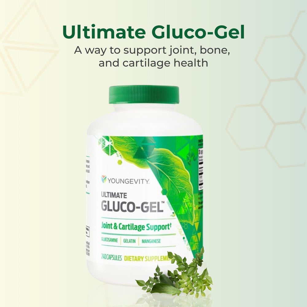 Cápsulas de Youngevity Ultimate Gluco-Gel en la mano para dosificación fácil