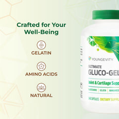 Comparación de tamaño del frasco Youngevity Ultimate Gluco-Gel con una botella estándar