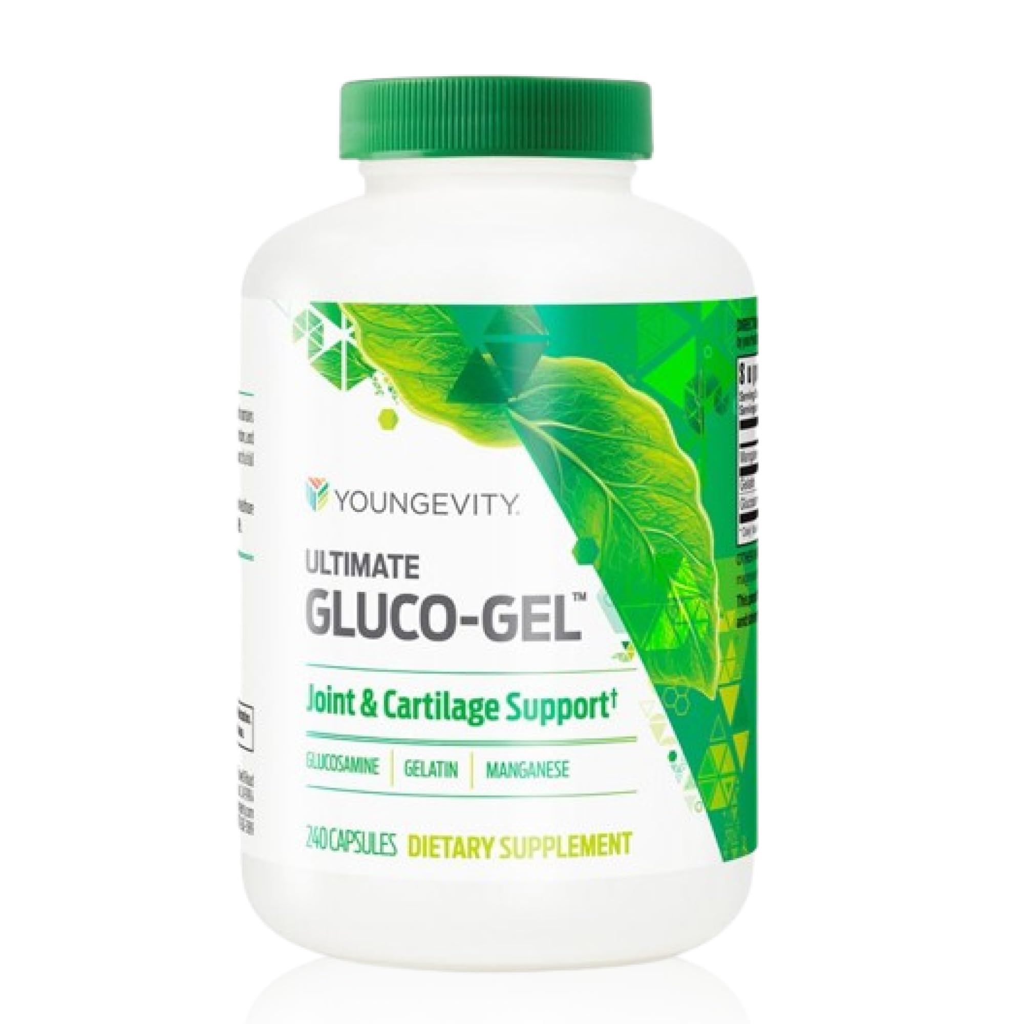 Youngevity frasco Ultimate Gluco-Gel mostrando etiqueta frontal y beneficios