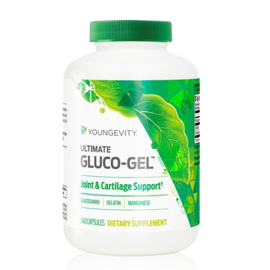 Youngevity frasco Ultimate Gluco-Gel mostrando etiqueta frontal y beneficios