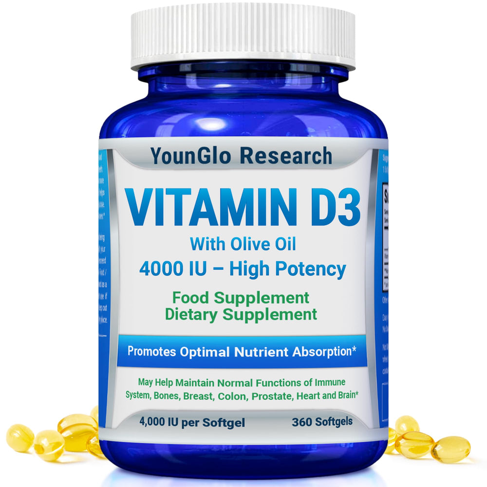 YounGlo Research frasco frontal mostrando Vitamina D3 4000 IU y suministro prolongado