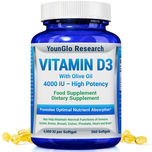 YounGlo Research frasco frontal mostrando Vitamina D3 4000 IU y suministro prolongado