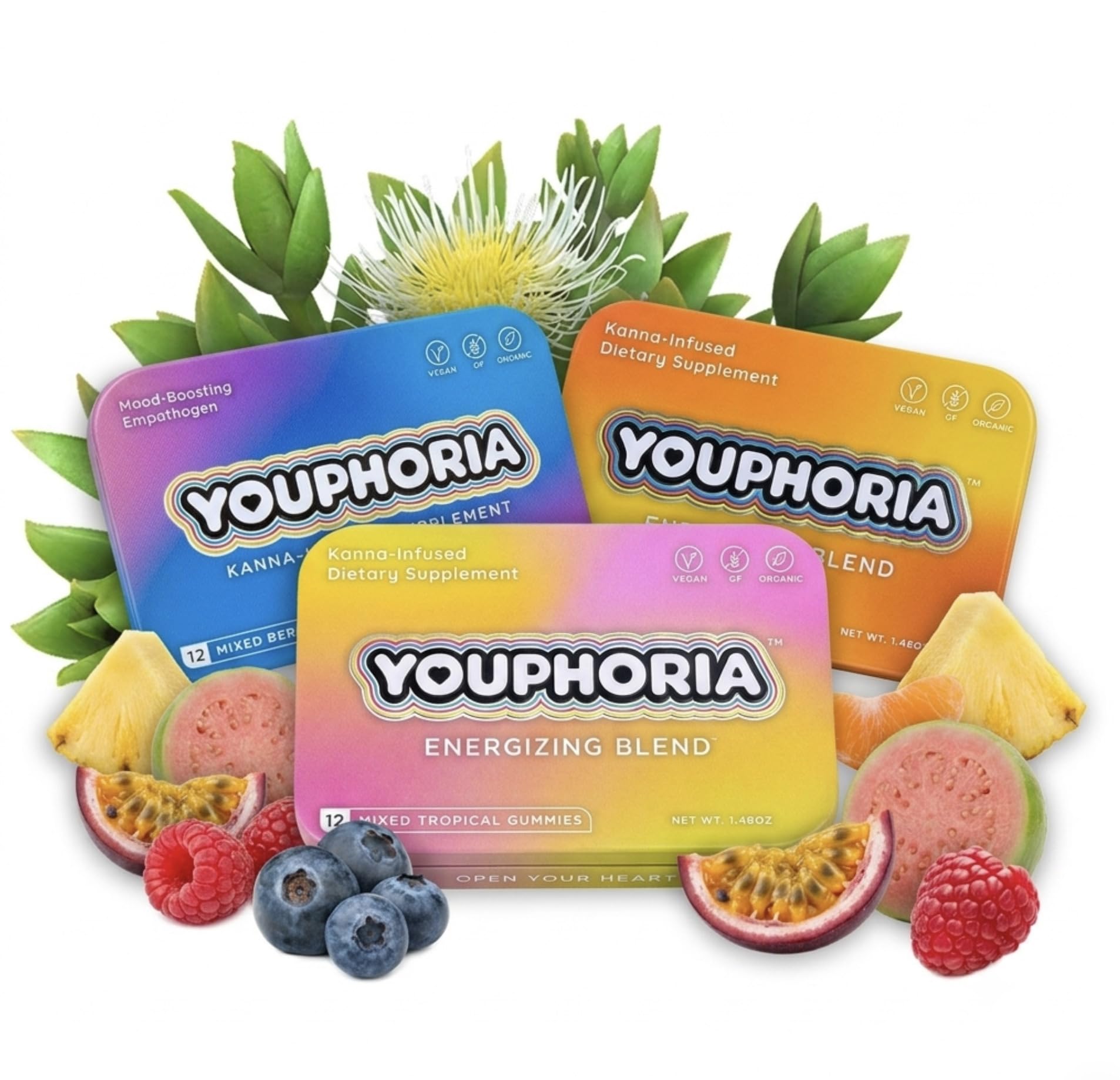 Youphoria Kanna gomitas frente del empaque mostrando diseño y beneficios visibles